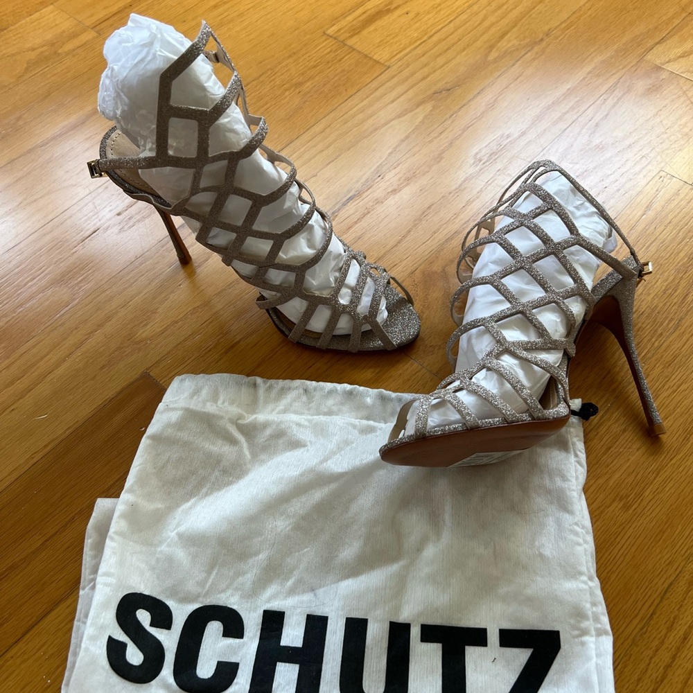 SCHUTZ Women's Glitter Cage Heels - Silver